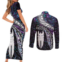 New Zealand Aotearoa Couples Matching Short Sleeve Bodycon Dress and Long Sleeve Button Shirt Maori Hei Rehua Paua Shell Glitter Purple