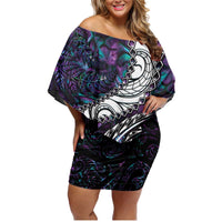New Zealand Aotearoa Family Matching Off Shoulder Short Dress and Hawaiian Shirt Maori Hei Rehua Paua Shell Glitter Purple
