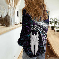 New Zealand Aotearoa Women Casual Shirt Maori Hei Rehua Paua Shell Glitter Purple