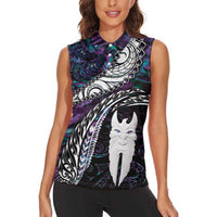 New Zealand Aotearoa Women Sleeveless Polo Shirt Maori Hei Rehua Paua Shell Glitter Purple