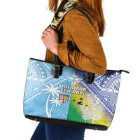 Happy Malampa Fiji Day Leather Tote Bag Half Mix Style LT05 Blue - Polynesian Pride