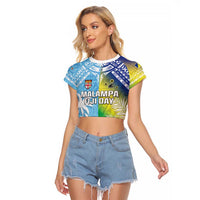 Personalised Happy Malampa Fiji Day Raglan Cropped T Shirt Half Mix Style LT05 Female Blue - Polynesian Pride
