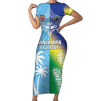 Personalised Happy Malampa Fiji Day Short Sleeve Bodycon Dress Half Mix Style LT05 Long Dress Blue - Polynesian Pride