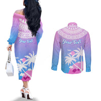 Personalised Fiji Your Paradise Festival Couples Matching Off The Shoulder Long Sleeve Dress and Long Sleeve Button Shirt With Fijian Masi Tapa Pattern LT05 - Polynesian Pride