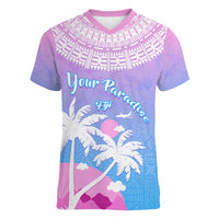 Personalised Fiji Your Paradise Festival Women V Neck T Shirt With Fijian Masi Tapa Pattern LT05 Female Blue - Polynesian Pride