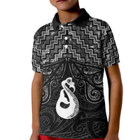 New Zealand Maori Kid Polo Shirt Poutama Manaia Black Paua Shell