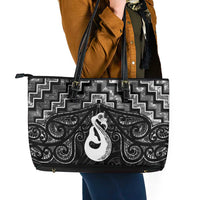 New Zealand Maori Leather Tote Bag Poutama Manaia Black Paua Shell LT05 - Polynesian Pride