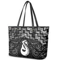 New Zealand Maori Leather Tote Bag Poutama Manaia Black Paua Shell LT05 - Polynesian Pride
