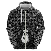 New Zealand Maori Zip Hoodie Poutama Manaia Black Paua Shell