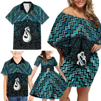 New Zealand Maori Family Matching Off Shoulder Short Dress and Hawaiian Shirt Poutama Manaia Turquoise Paua Shell