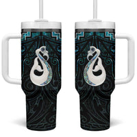 New Zealand Maori Tumbler With Handle Poutama Manaia Turquoise Paua Shell LT05 One Size: 40 oz Turquoise - Polynesian Pride