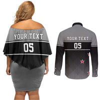 Custom New Zealand Cricket Couples Matching Off Shoulder Short Dress and Long Sleeve Button Shirt Black Cap Unbeatable LT05 - Polynesian Pride