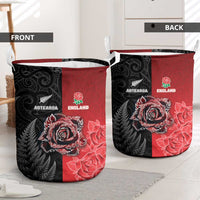 New Zealand And England Rugby Laundry Basket Red Rose Mix Maori Pattern - Polynesian Pride
