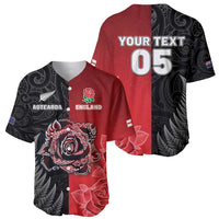 New Zealand And England Rugby Custom Baseball Jersey Red Rose Mix Maori Pattern - Polynesian Pride