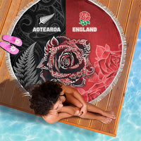 New Zealand And England Rugby Beach Blanket Red Rose Mix Maori Pattern - Polynesian Pride