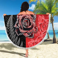 New Zealand And England Rugby Beach Blanket Red Rose Mix Maori Pattern - Polynesian Pride