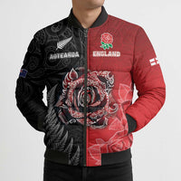 New Zealand And England Rugby Custom Bomber Puffer Jacket Red Rose Mix Maori Pattern - Polynesian Pride