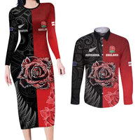 New Zealand And England Rugby Custom Couples Matching Long Sleeve Bodycon Dress and Long Sleeve Button Shirt Red Rose Mix Maori Pattern - Polynesian Pride