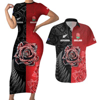 New Zealand And England Rugby Custom Couples Matching Short Sleeve Bodycon Dress and Hawaiian Shirt Red Rose Mix Maori Pattern - Polynesian Pride