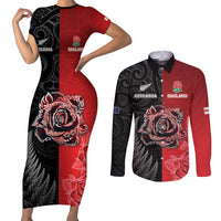 New Zealand And England Rugby Custom Couples Matching Short Sleeve Bodycon Dress and Long Sleeve Button Shirt Red Rose Mix Maori Pattern - Polynesian Pride