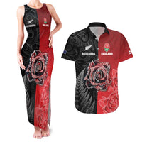 New Zealand And England Rugby Custom Couples Matching Tank Maxi Dress and Hawaiian Shirt Red Rose Mix Maori Pattern - Polynesian Pride