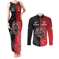 New Zealand And England Rugby Custom Couples Matching Tank Maxi Dress and Long Sleeve Button Shirt Red Rose Mix Maori Pattern - Polynesian Pride