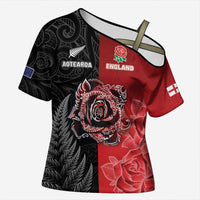 New Zealand And England Rugby Custom Cross Shoulder Shirt Red Rose Mix Maori Pattern LT05 Female Black - Polynesian Pride