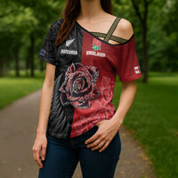 New Zealand And England Rugby Custom Cross Shoulder Shirt Red Rose Mix Maori Pattern - Polynesian Pride