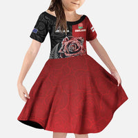 New Zealand And England Rugby Custom Family Matching Long Sleeve Bodycon Dress and Hawaiian Shirt Red Rose Mix Maori Pattern - Polynesian Pride