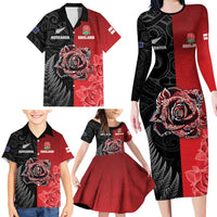 New Zealand And England Rugby Custom Family Matching Long Sleeve Bodycon Dress and Hawaiian Shirt Red Rose Mix Maori Pattern - Polynesian Pride