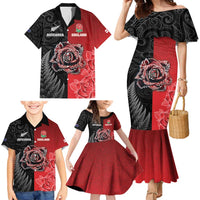 New Zealand And England Rugby Custom Family Matching Mermaid Dress and Hawaiian Shirt Red Rose Mix Maori Pattern - Polynesian Pride