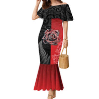 New Zealand And England Rugby Custom Family Matching Mermaid Dress and Hawaiian Shirt Red Rose Mix Maori Pattern - Polynesian Pride