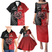 New Zealand And England Rugby Custom Family Matching Puletasi and Hawaiian Shirt Red Rose Mix Maori Pattern - Polynesian Pride
