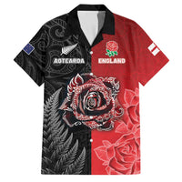 New Zealand And England Rugby Custom Family Matching Puletasi and Hawaiian Shirt Red Rose Mix Maori Pattern - Polynesian Pride