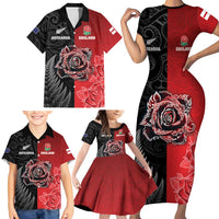 New Zealand And England Rugby Custom Family Matching Short Sleeve Bodycon Dress and Hawaiian Shirt Red Rose Mix Maori Pattern - Polynesian Pride