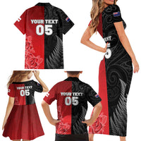 New Zealand And England Rugby Custom Family Matching Short Sleeve Bodycon Dress and Hawaiian Shirt Red Rose Mix Maori Pattern - Polynesian Pride