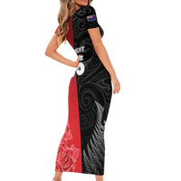 New Zealand And England Rugby Custom Family Matching Short Sleeve Bodycon Dress and Hawaiian Shirt Red Rose Mix Maori Pattern - Polynesian Pride