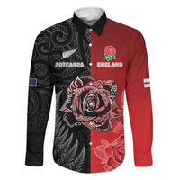 New Zealand And England Rugby Custom Family Matching Summer Maxi Dress and Hawaiian Shirt Red Rose Mix Maori Pattern - Polynesian Pride