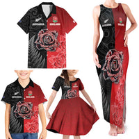 New Zealand And England Rugby Custom Family Matching Tank Maxi Dress and Hawaiian Shirt Red Rose Mix Maori Pattern - Polynesian Pride