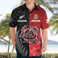 New Zealand And England Rugby Custom Hawaiian Shirt Red Rose Mix Maori Pattern LT05 - Polynesian Pride
