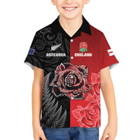 New Zealand And England Rugby Custom Kid Hawaiian Shirt Red Rose Mix Maori Pattern LT05 Kid Black - Polynesian Pride