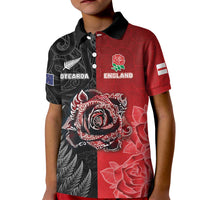 New Zealand And England Rugby Custom Kid Polo Shirt Red Rose Mix Maori Pattern LT05 Kid Black - Polynesian Pride