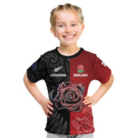 New Zealand And England Rugby Custom Kid T Shirt Red Rose Mix Maori Pattern LT05 Black - Polynesian Pride