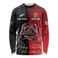 New Zealand And England Rugby Custom Long Sleeve Shirt Red Rose Mix Maori Pattern - Polynesian Pride