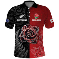 New Zealand And England Rugby Custom Polo Shirt Red Rose Mix Maori Pattern LT05 Black - Polynesian Pride