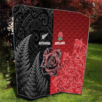 New Zealand And England Rugby Quilt Red Rose Mix Maori Pattern - Polynesian Pride