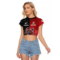 New Zealand And England Rugby Custom Raglan Cropped T Shirt Red Rose Mix Maori Pattern LT05 Female Black - Polynesian Pride