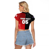 New Zealand And England Rugby Custom Raglan Cropped T Shirt Red Rose Mix Maori Pattern LT05 - Polynesian Pride