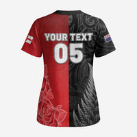 New Zealand And England Rugby Custom Scrub Top Red Rose Mix Maori Pattern - Polynesian Pride