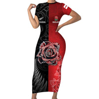 New Zealand And England Rugby Custom Short Sleeve Bodycon Dress Red Rose Mix Maori Pattern LT05 Long Dress Black - Polynesian Pride